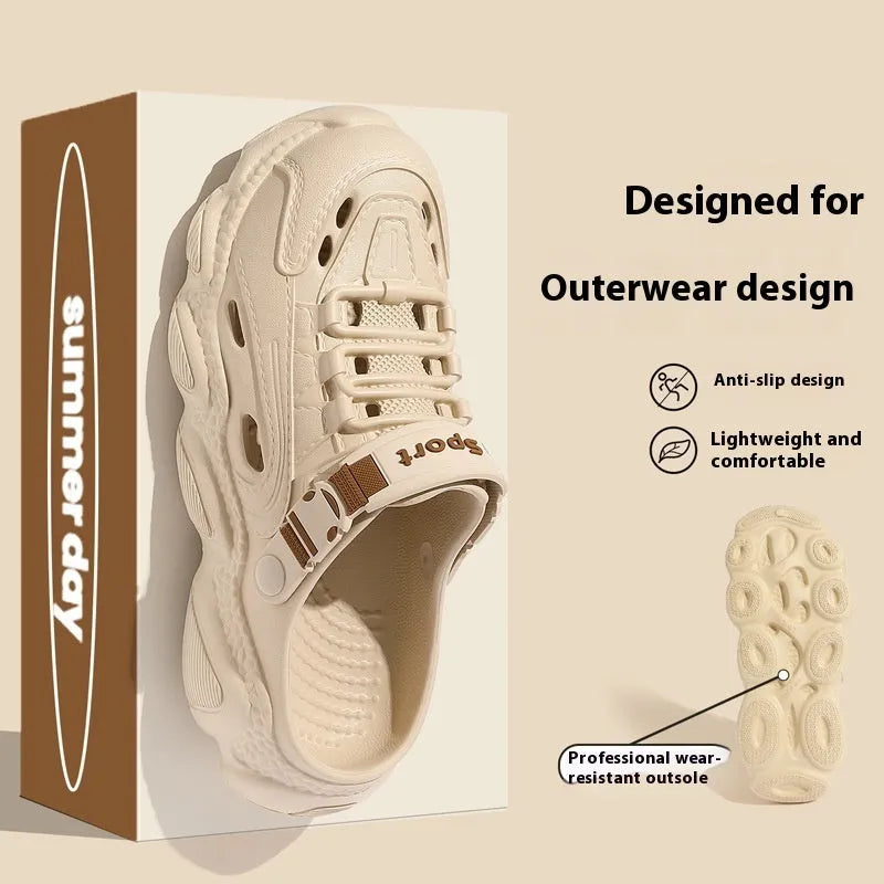 Khaki coloured men's summer slippers with a hollow out breathable design and a light-coloured EVA sole.