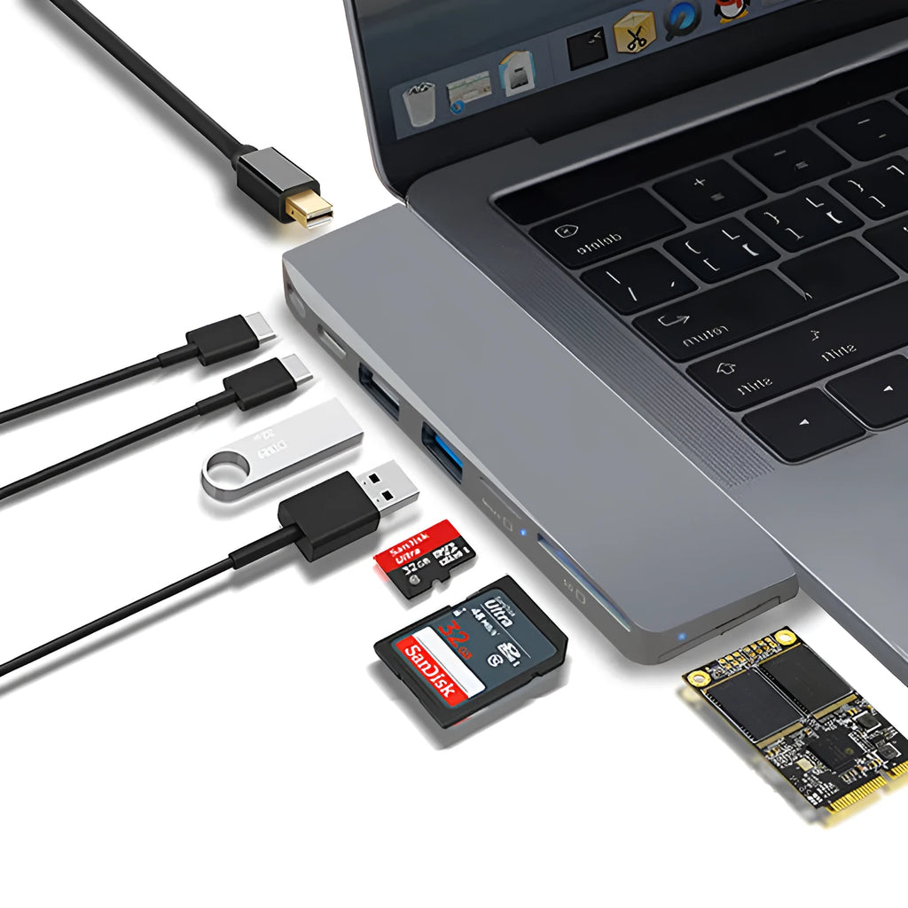 USB-C expansion hub with dual connectors for 2015-2018 MacBook Pro showing eight interface ports