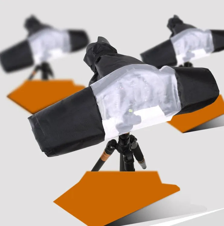 Single lens reflex camera with long focus lens fitted with rainproof cover for outdoor protection