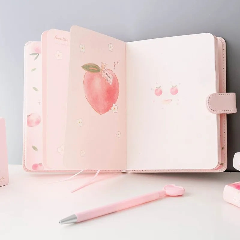 A5 hardcover student notebook with imitation leather cover in Peach Talk Feast design, wired binding, open flat