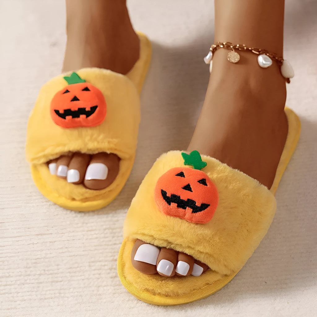 White and yellow Halloween pumpkin plush slippers with open toe and synthetic fur upper