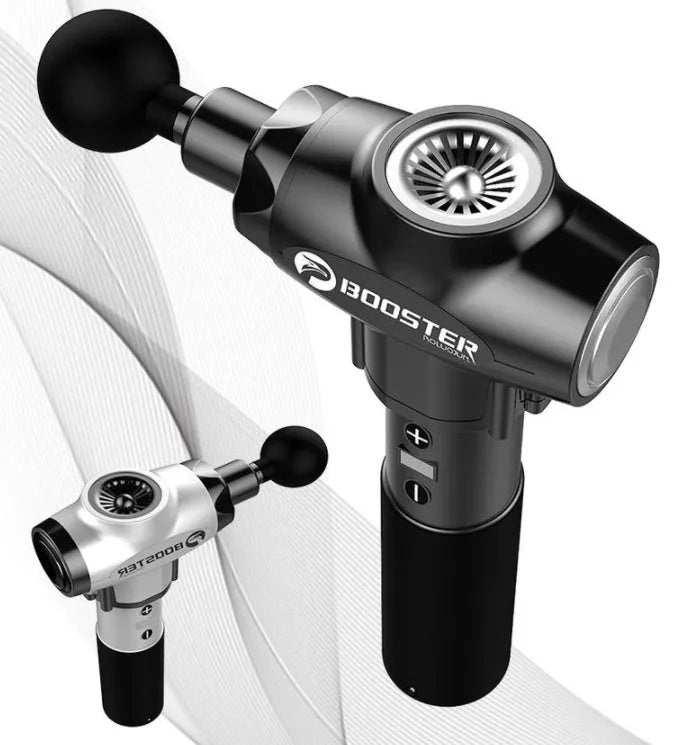 Black handheld muscle massage gun with adjustable speed settings on white background