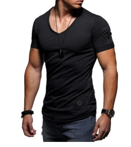 Men's V-neck short-sleeved slim fit youth shirt in a cotton-polyester blend, shown in white, black, and navy colours