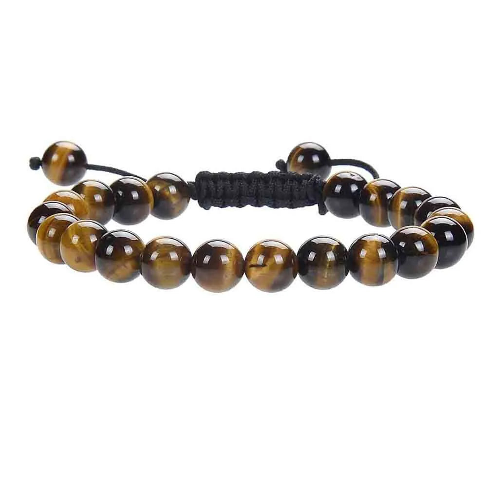 Women's flat knot braided healing bracelet with natural aquamarine stone, hand-woven geometric design on white background