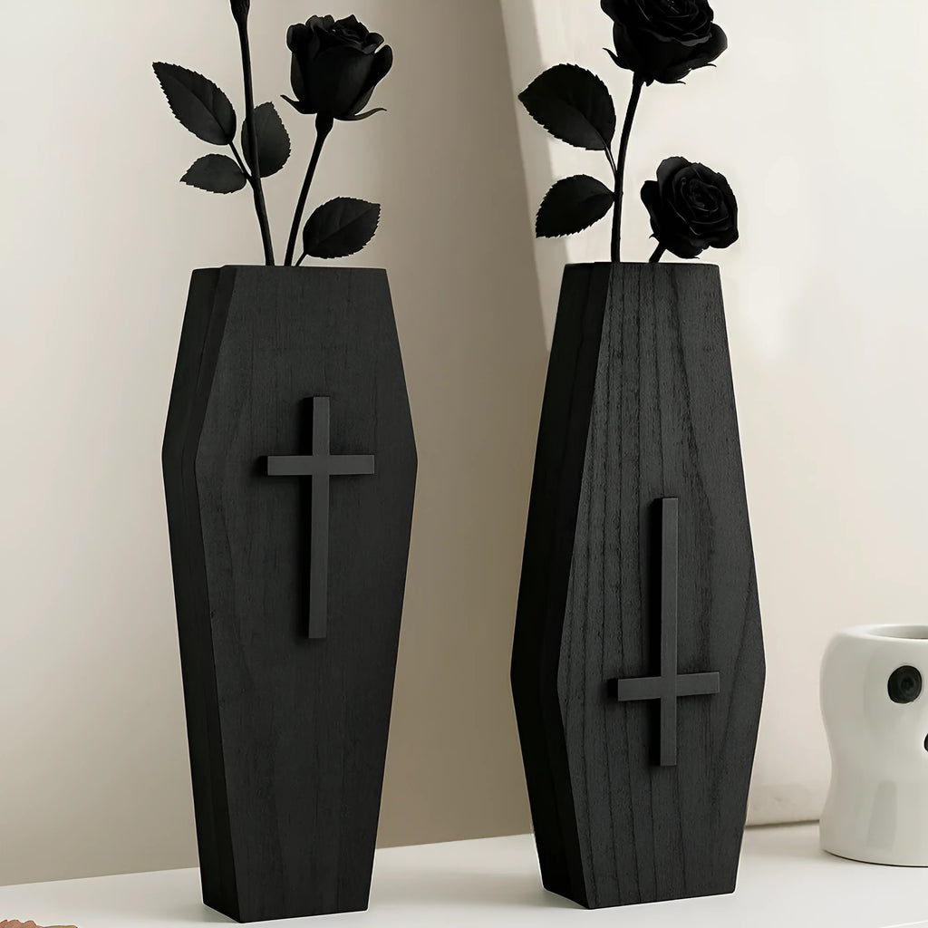 Black wooden cross wall vase shelf with open top for stems, 27cm tall, wall-mounted pendant design