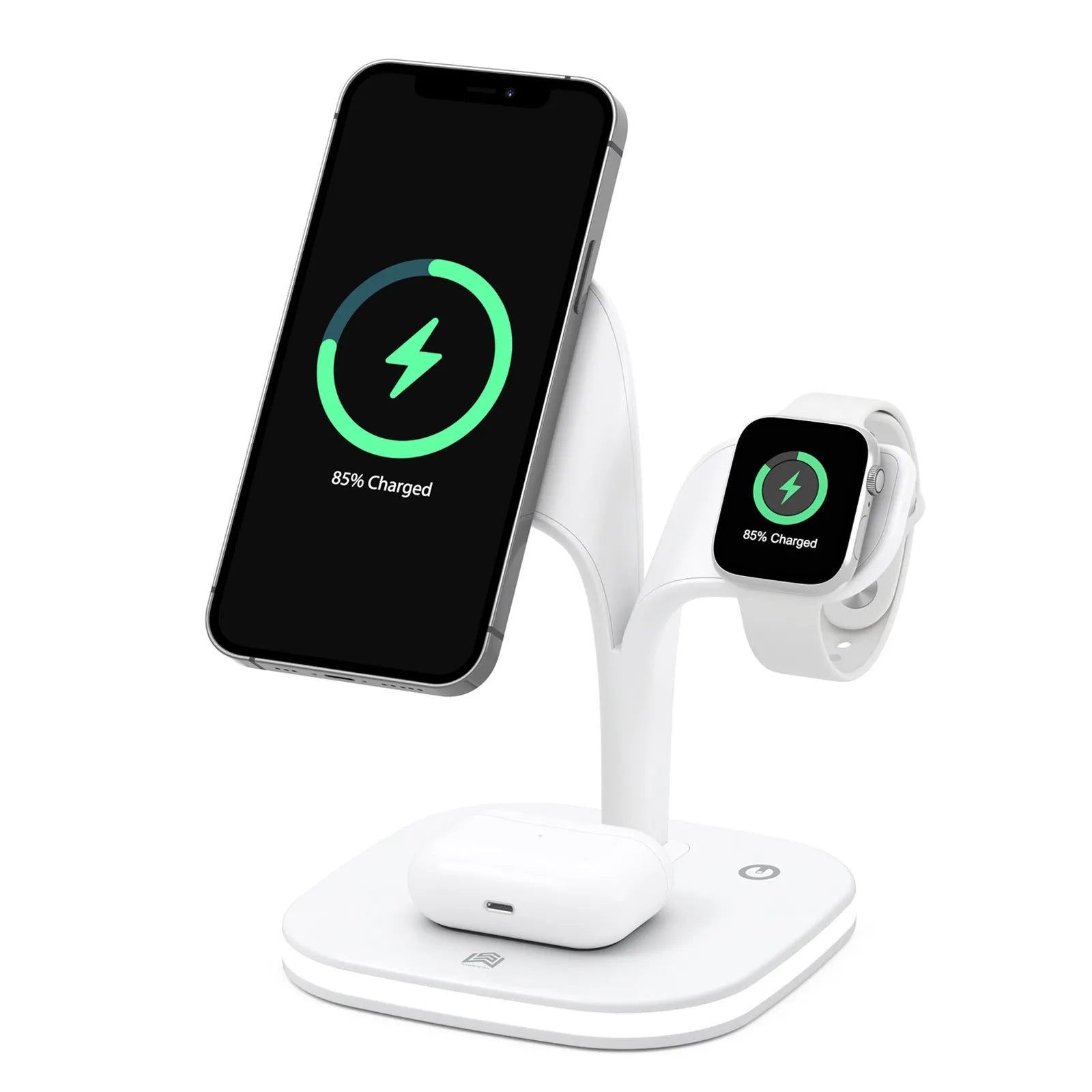 Black desktop wireless charging stand holding a mobile phone, a smartwatch, and wireless headphones.