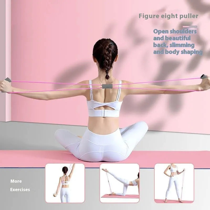 Yoga four piece set showing leg stretcher, yoga ring, foot pedal device and figure eight tension rope