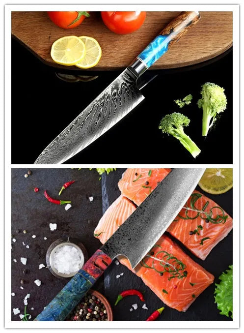8-piece kitchen knives set with black handles in wood colour knife block including chef knife and specialised blades