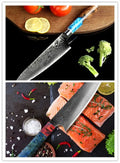 8-piece kitchen knives set with black handles in wood colour knife block including chef knife and specialised blades