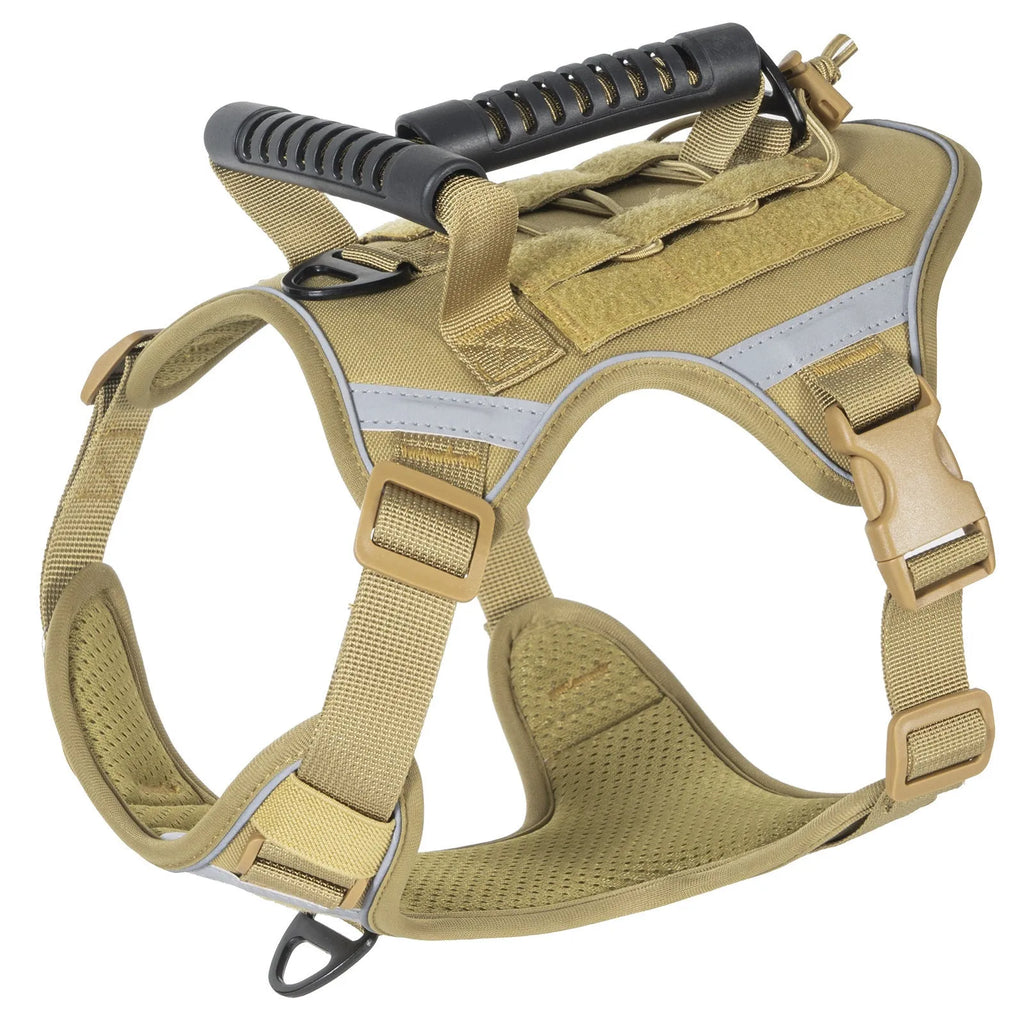 Tactical dog chest harness with back handle, reflective polyester, available in black, army green, desert yellow, and camouflage