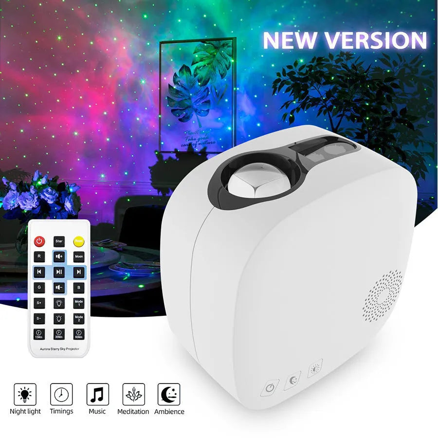 Laser starry sky projection lamp with colourful nebula moon effect and Bluetooth music playing, black unit on a desk