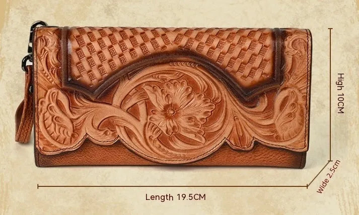 Chinese style embossed leather wallet in tri-fold design showing floral pattern on brown cowhide