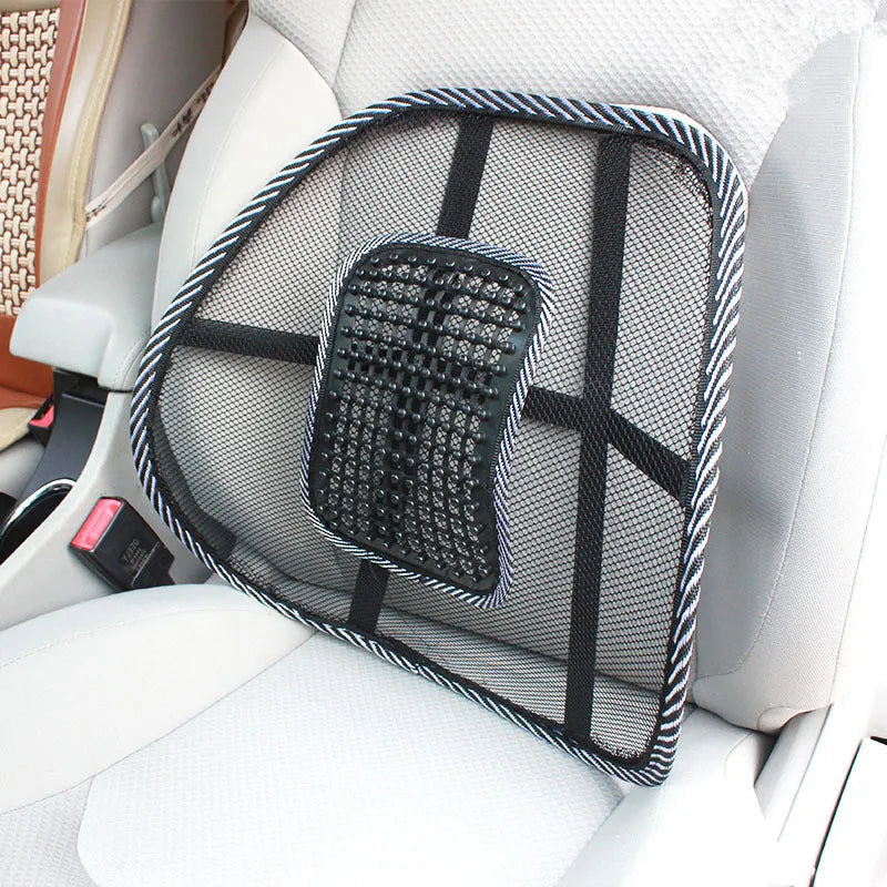 Black polypropylene fibre car lumbar support pillow measuring 41 by 39 centimetres