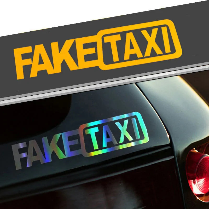 Black waterproof PET car sticker with white FAKE TAXI text, measuring 20 cm by 8 cm.