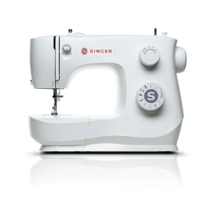 Portable household sewing machine M2405 on a table, compact design, 47x39x26cm, for thick fabric sewing