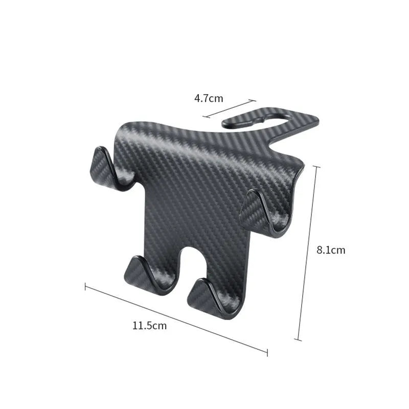 Black ABS plastic car seat back hook with integrated mobile phone holder bracket.