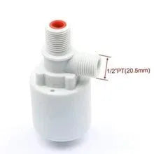 White nylon automatic float valve with threaded inlet for water level control in tanks and containers