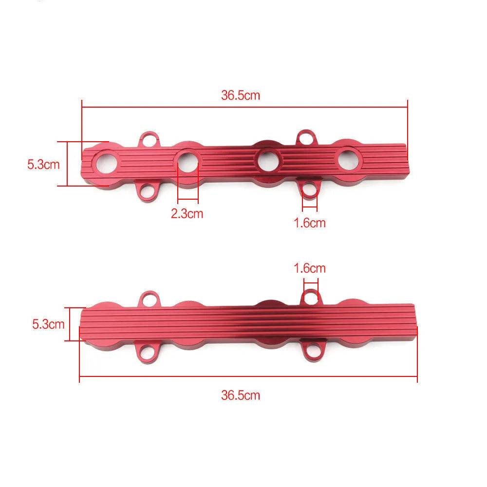 Aluminium alloy engine harness mounting bracket in blue, red, or silver finish, shown with and without pre-drilled holes.