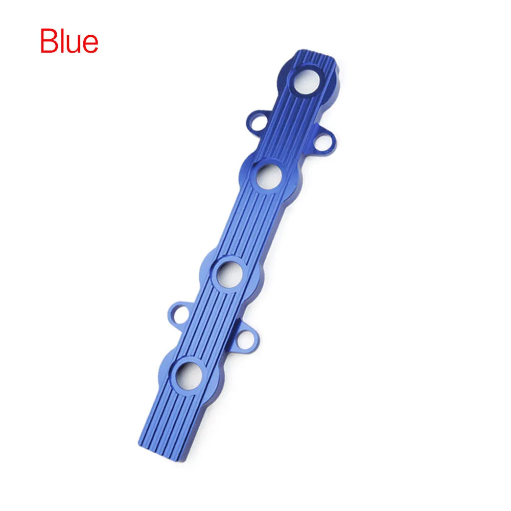 Aluminium alloy engine harness mounting bracket in blue, red, or silver finish, shown with and without pre-drilled holes.