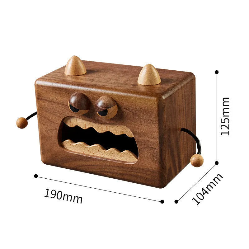 Wooden cartoon tissue box with Little Monster design in walnut beech colour