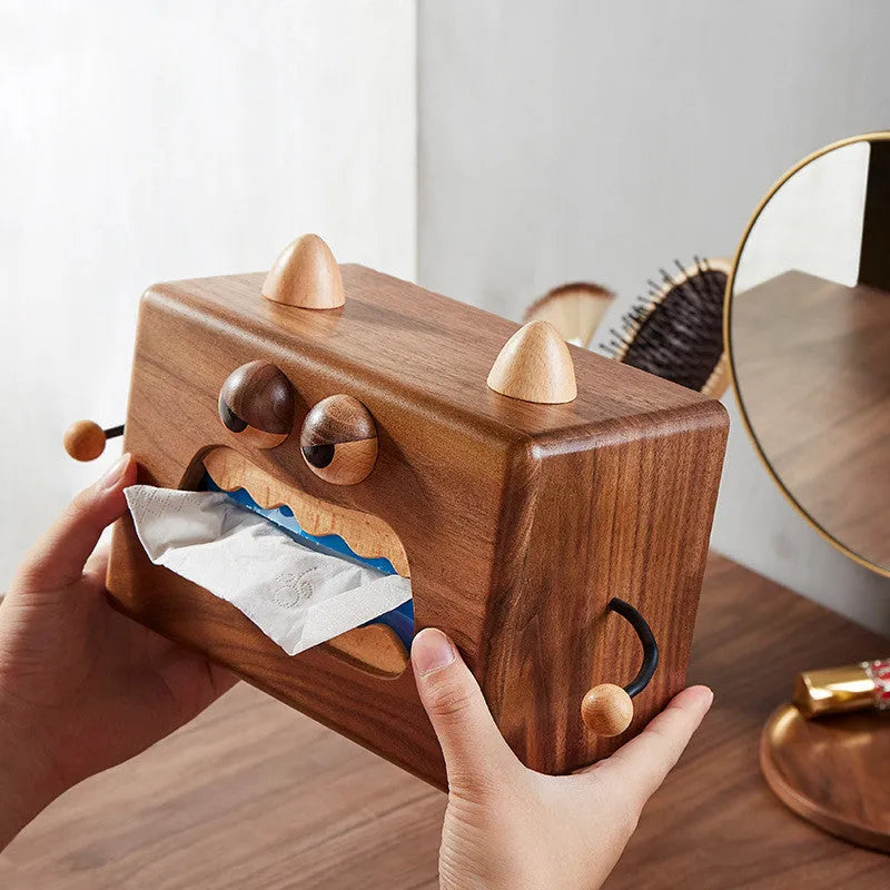 Wooden cartoon tissue box with Little Monster design in walnut beech colour