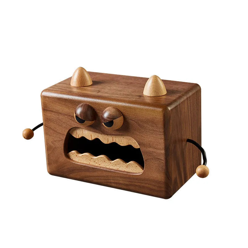 Wooden cartoon tissue box with Little Monster design in walnut beech colour