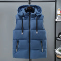 Men's warm thickened solid colour polyester vest with removable cap and straight hem, in blue or black, front view