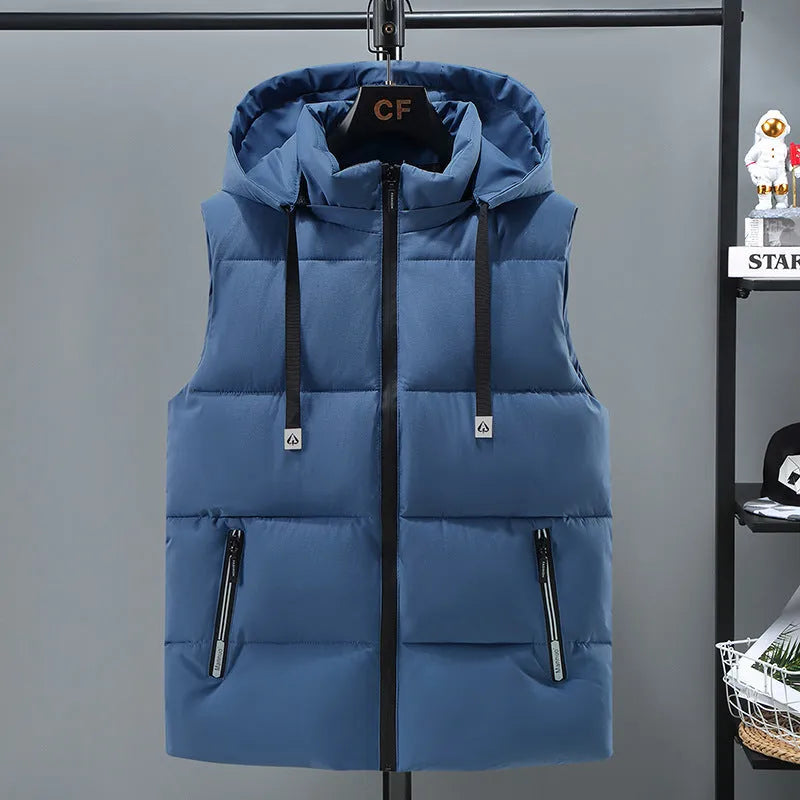 Men's warm thickened solid colour polyester vest with removable cap and straight hem, in blue or black, front view