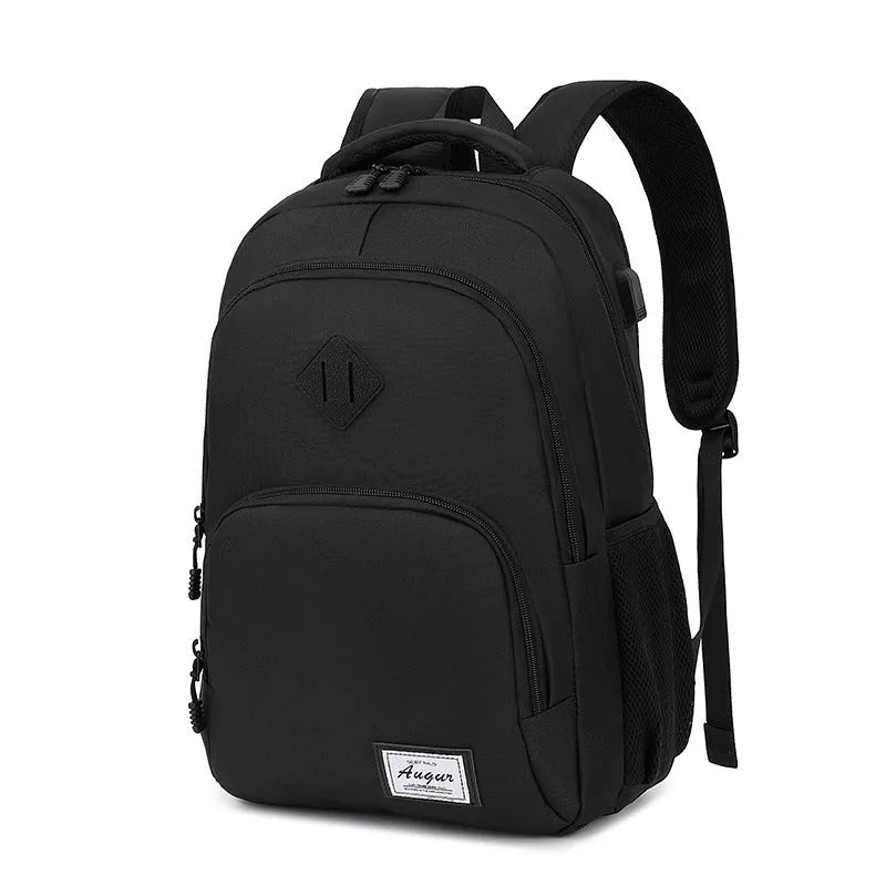 Gray USB charging backpack with luggage strap on a trolley case, showing charging port.