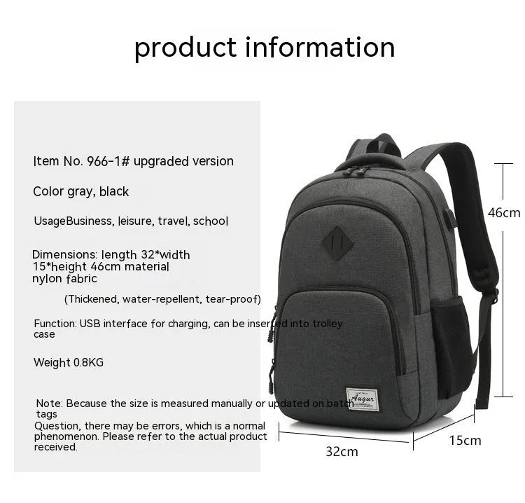 Gray USB charging backpack with luggage strap on a trolley case, showing charging port.