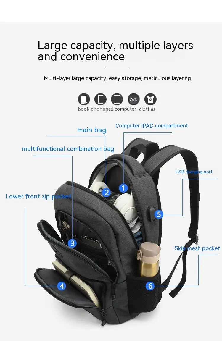Gray USB charging backpack with luggage strap on a trolley case, showing charging port.