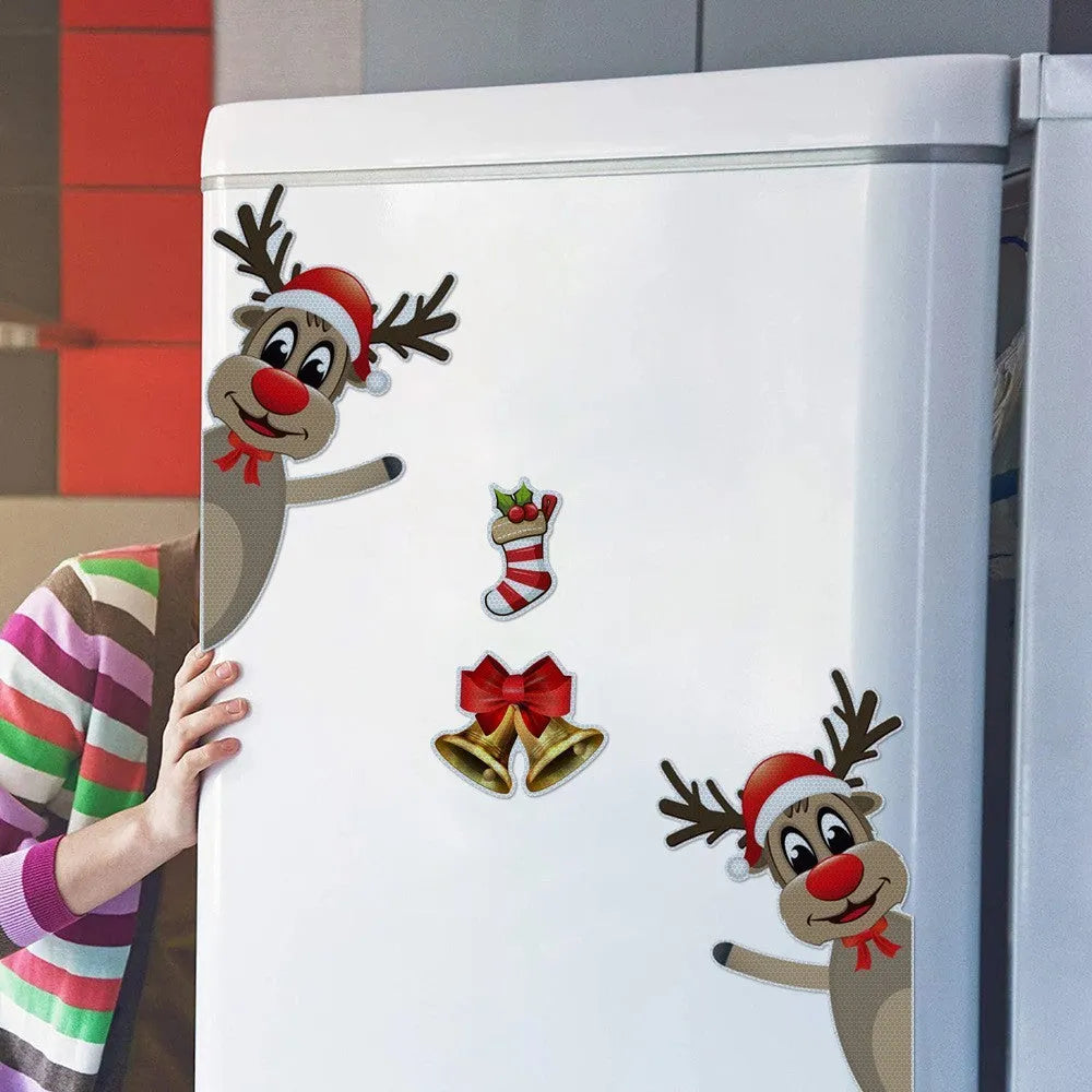 Cartoon-style Christmas elk magnetic bumper sticker with luminous reflective finish.