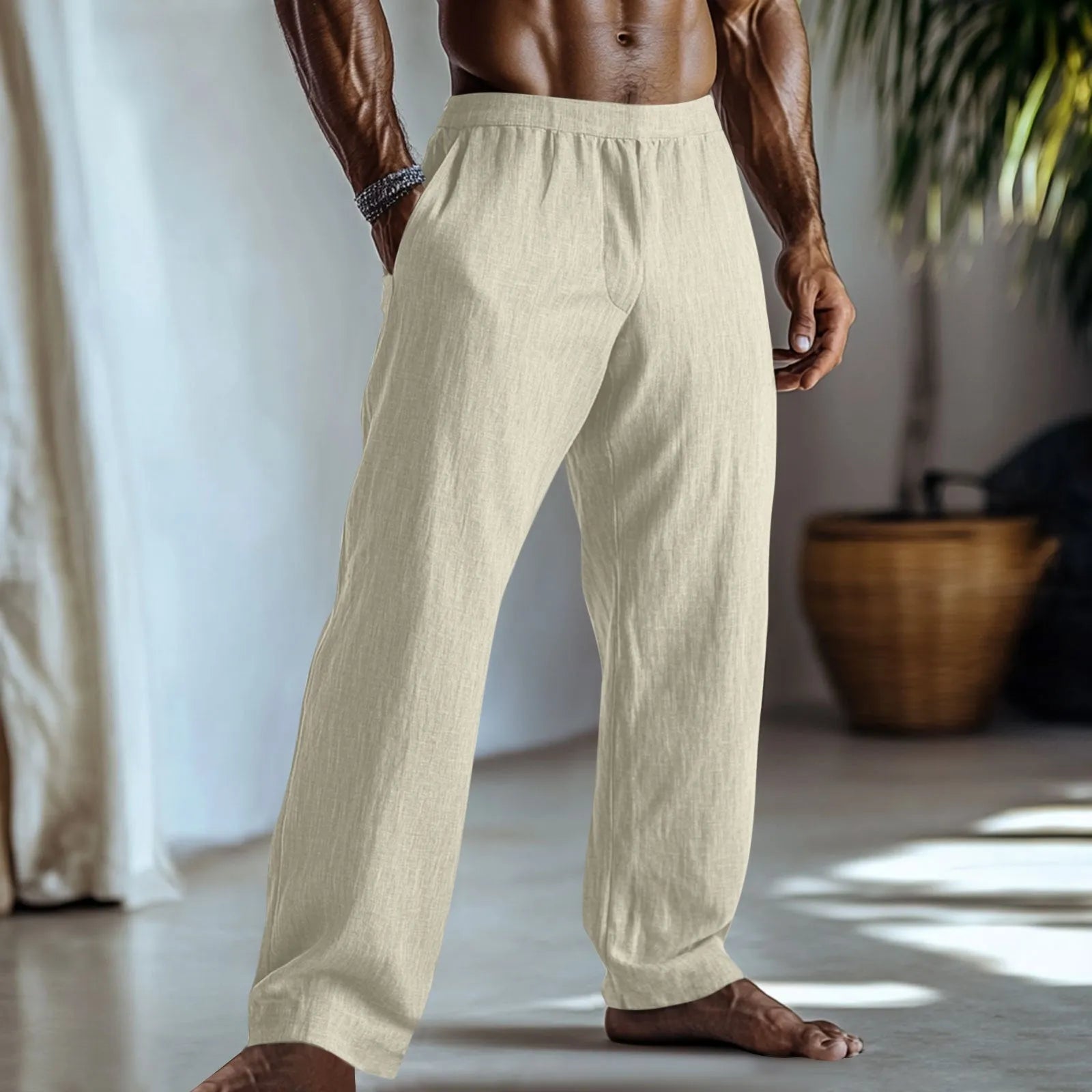 Cotton and linen straight-leg trousers in British style with side pockets available in multiple colours