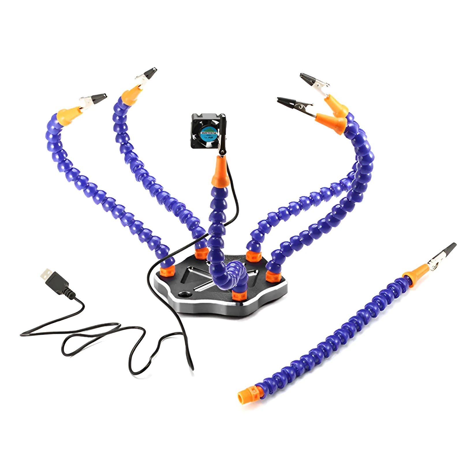 Black aluminium six-claw welding station with seven adjustable arms and rotating chucks on a workbench.