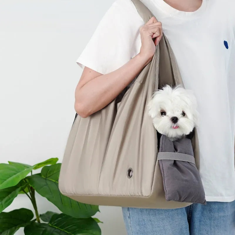 Apricot coloured cloth pet handbag for small dog transportation with 41x16x28 cm dimensions