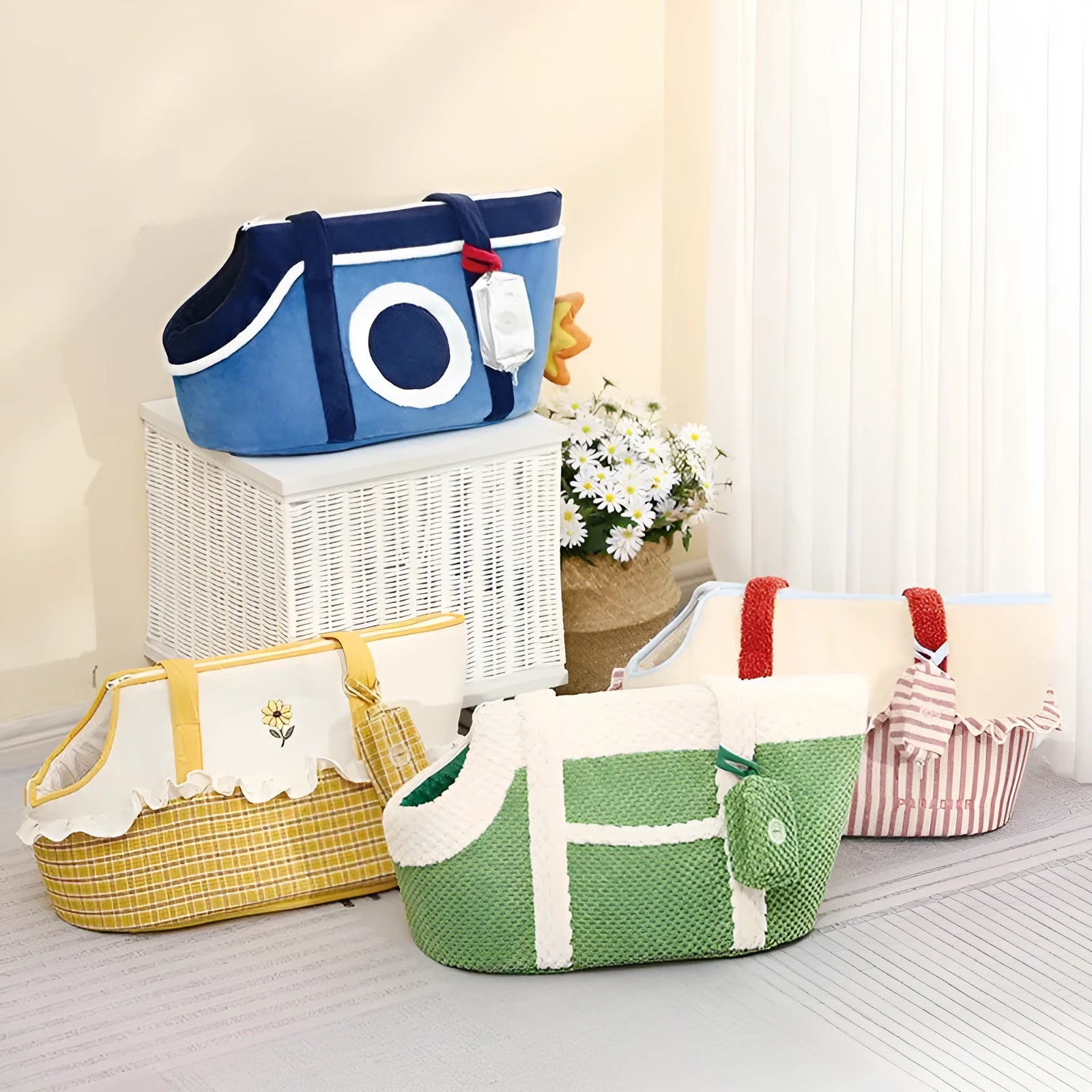 Shoulder cat bag in short plush with cartoon pattern, suitable for cats and small dogs under 5kg