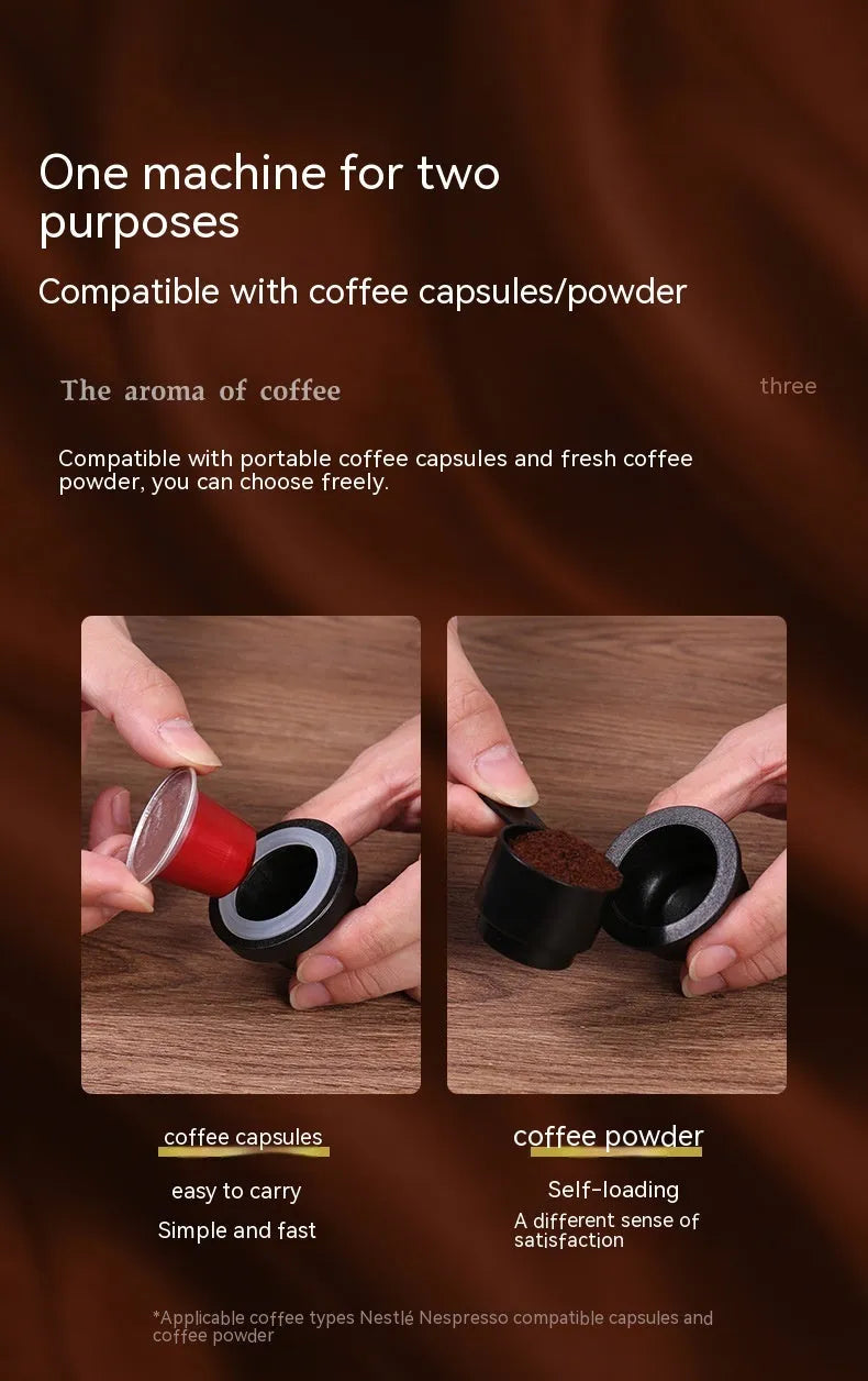 Portable mini coffee machine 60x60x187mm in dark starry sky colour with plastic body and one-key button