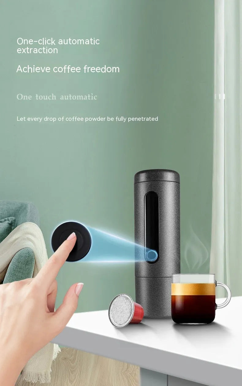 Portable mini coffee machine 60x60x187mm in dark starry sky colour with plastic body and one-key button