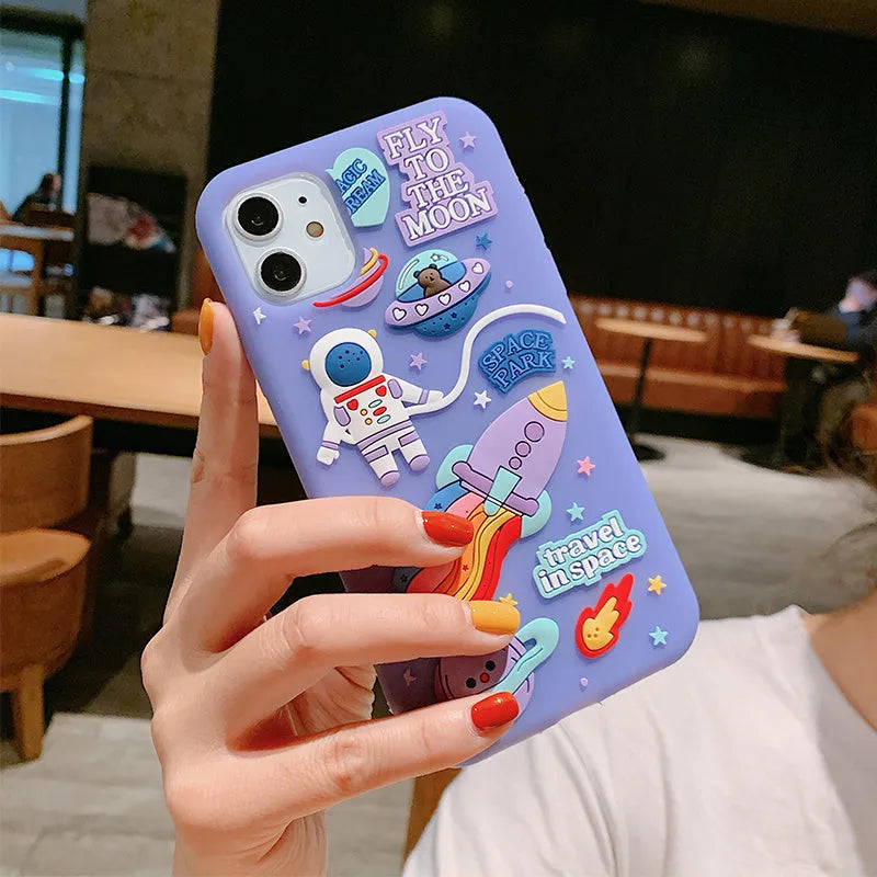 Purple silicone gel mobile phone case with spaceman astronaut cartoon design for iPhone