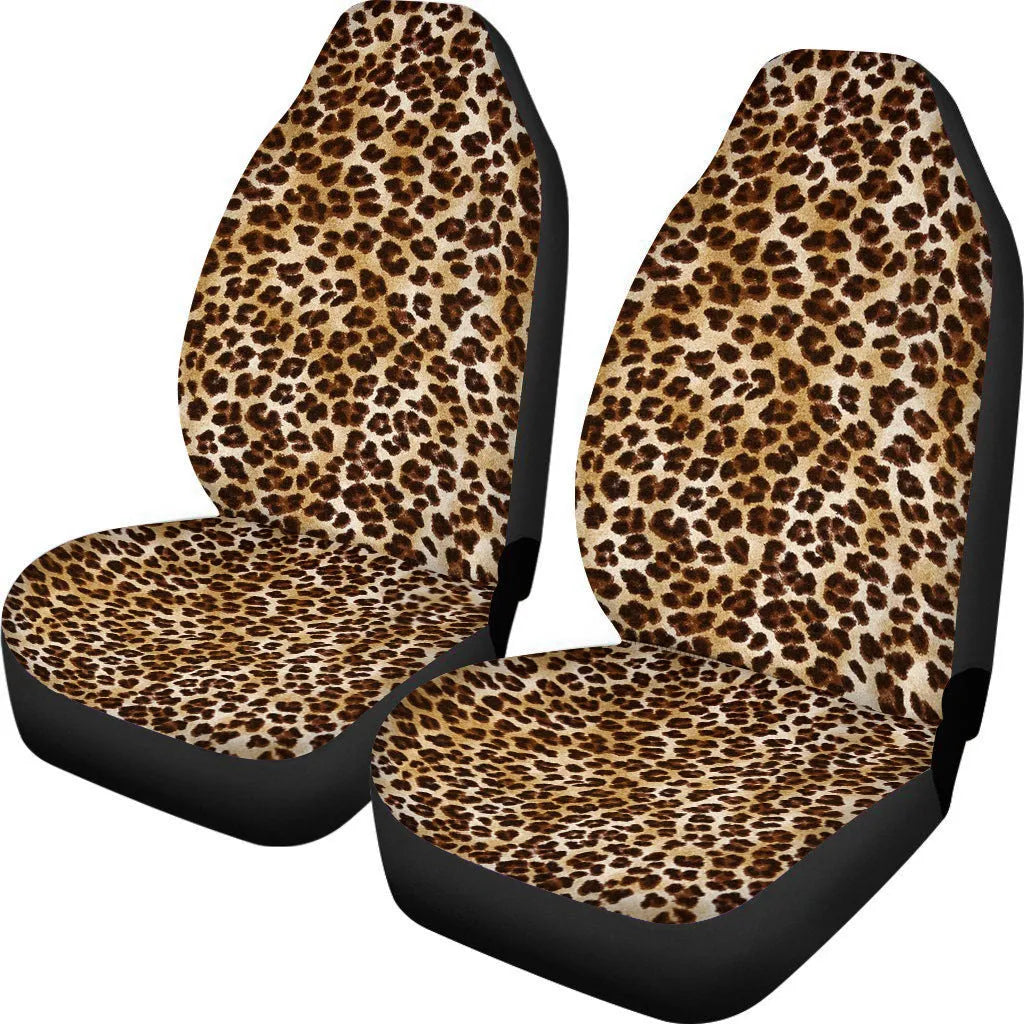 Cow spot leopard print retro style universal car seat covers, two-piece polyester set for front seats.