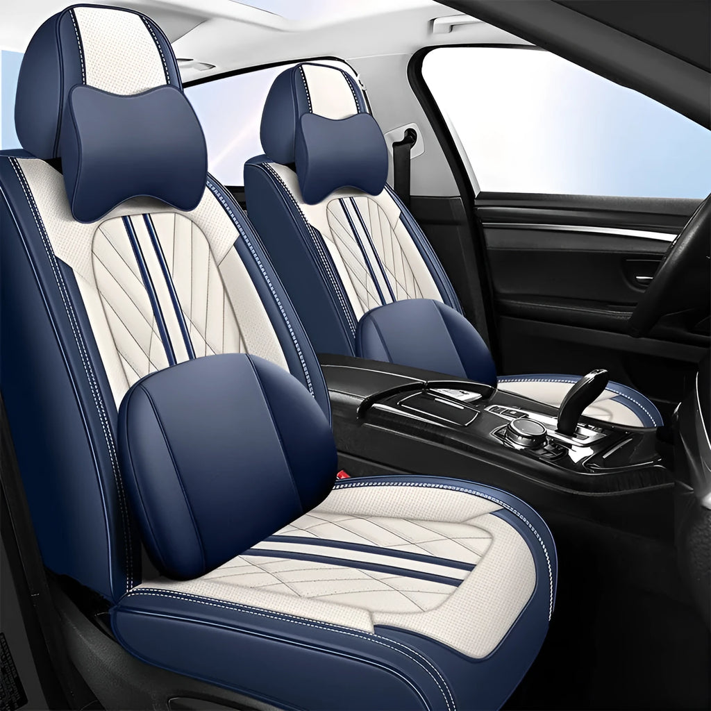 Five-seat car seat cushion in leather with hemming finish, available in multiple colours including black, blue, beige, and red striped