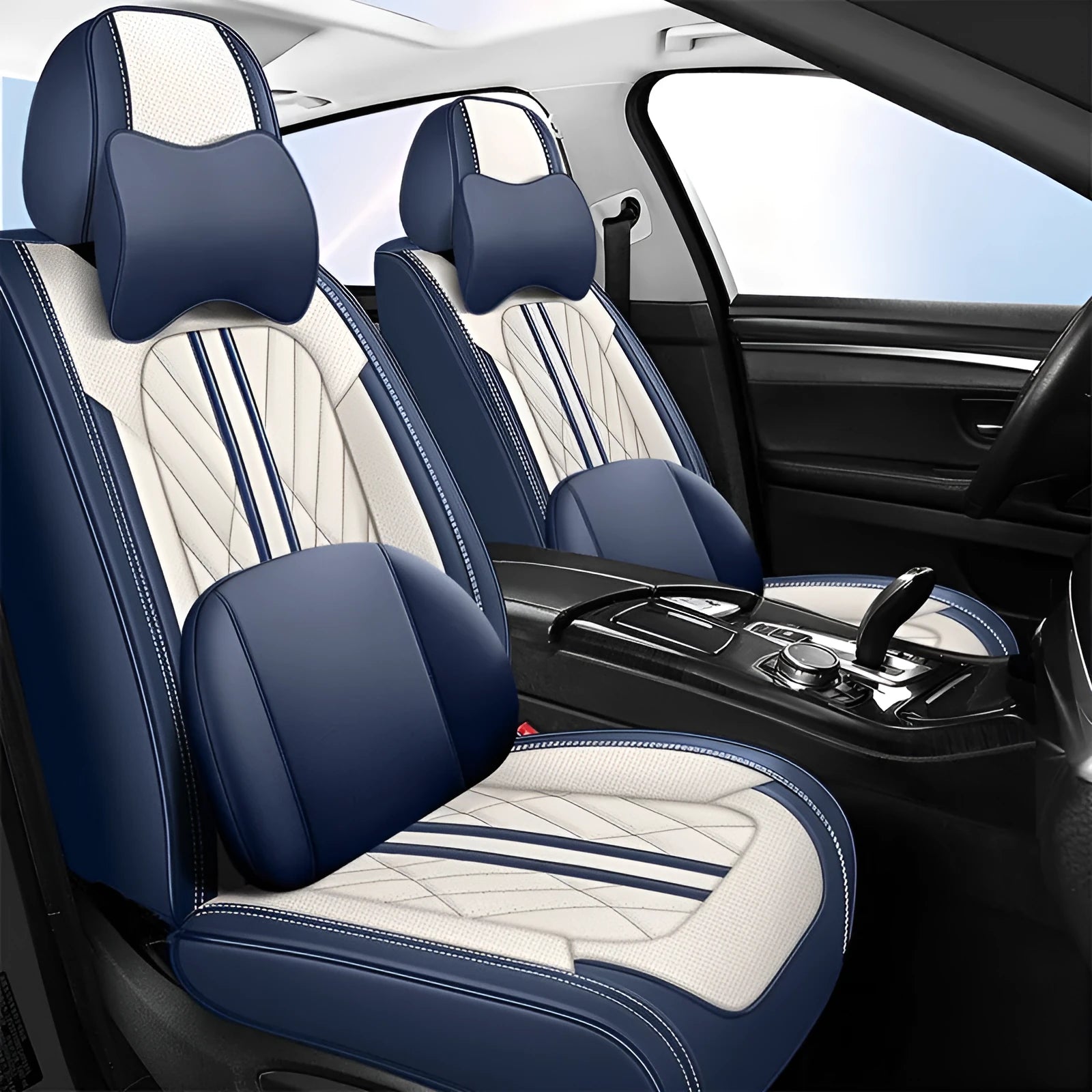 Five-seat car seat cushion in leather with hemming finish, available in multiple colours including black, blue, beige, and red striped
