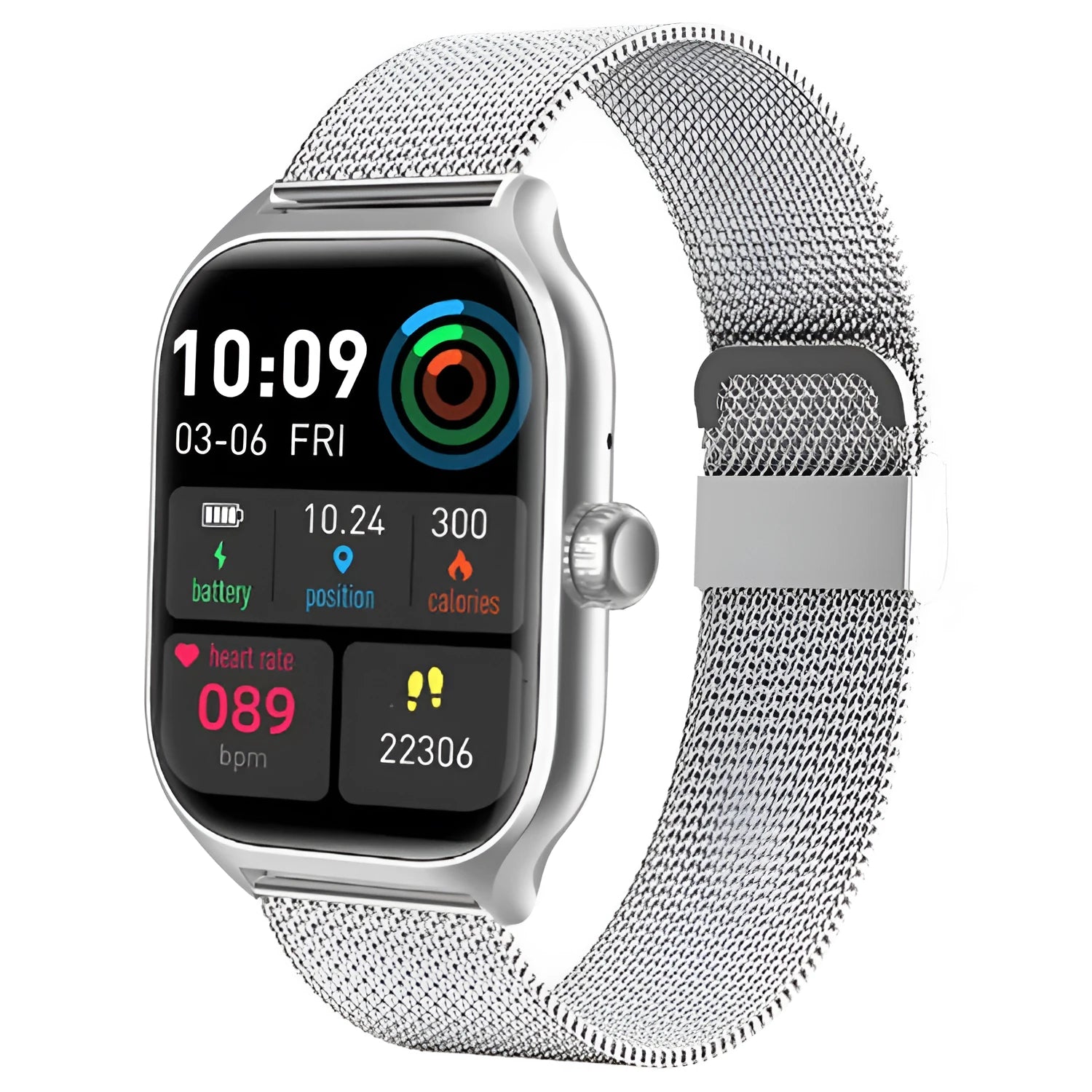 Bluetooth smart watch with touch screen in gold or silver with silicone strap showing health monitoring functions