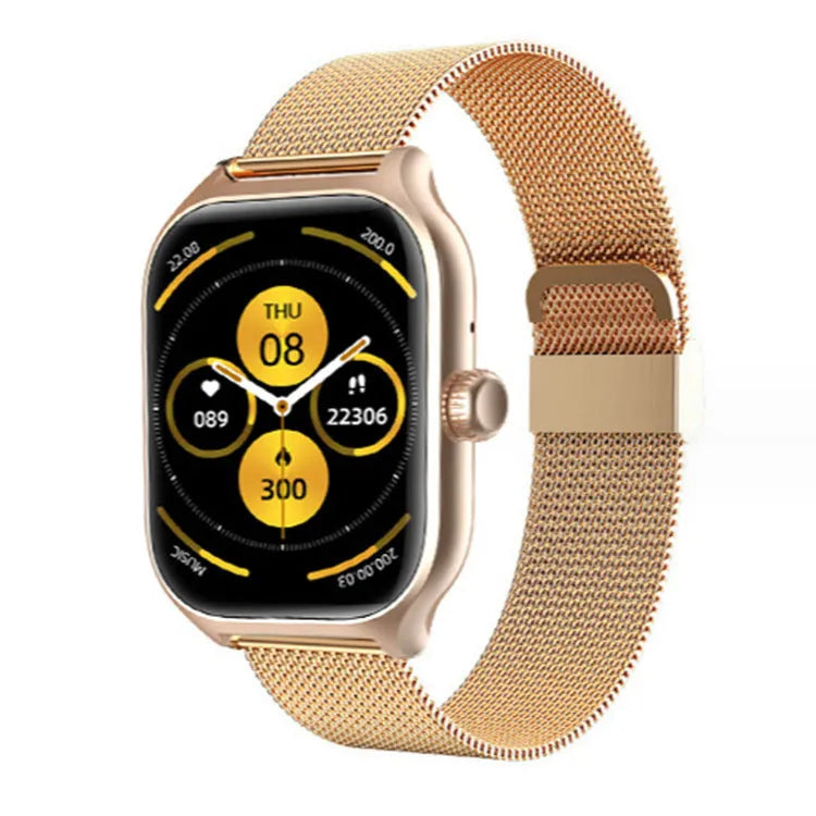 Bluetooth smart watch with touch screen in gold or silver with silicone strap showing health monitoring functions