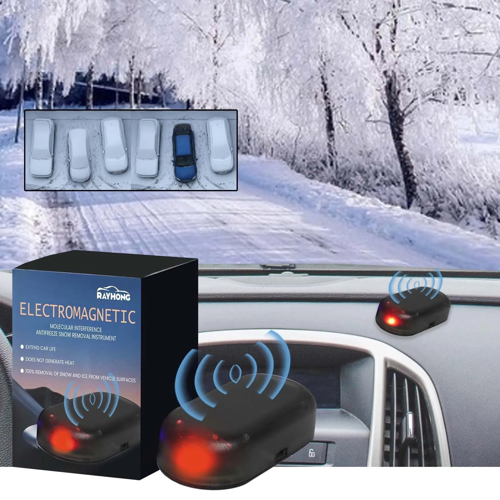 Black car snow removal tool with special glass deicing technology, 5 x 2.6 x 1.5 cm, placed on a car dashboard