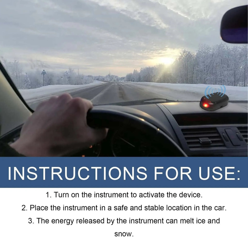 Black car snow removal tool with special glass deicing technology, 5 x 2.6 x 1.5 cm, placed on a car dashboard