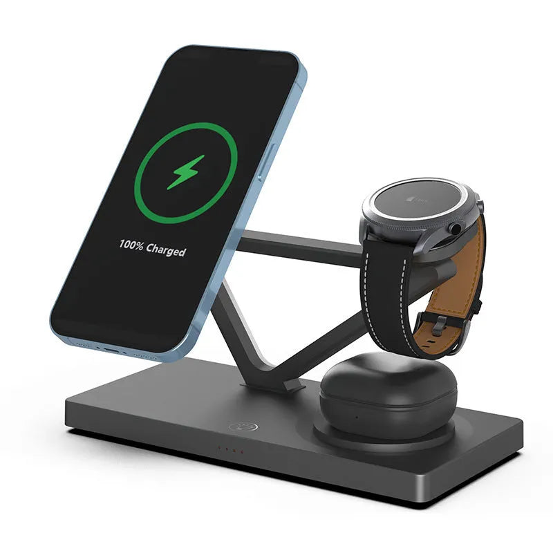 Black and white five-in-one wireless charging night lamp with magnetic phone bracket and circular base.