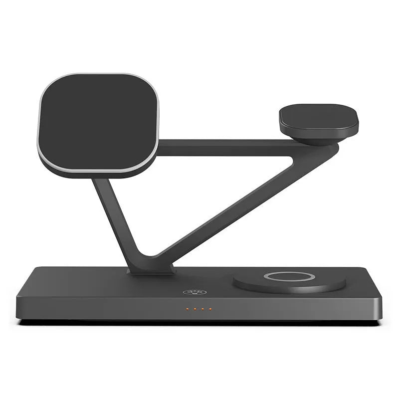Black and white five-in-one wireless charging night lamp with magnetic phone bracket and circular base.