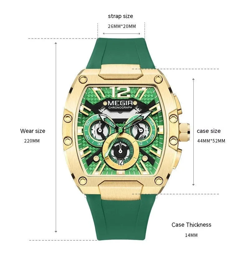 Wine Barrel men's multi-function sports watch with gold case and black strap, 44mm dial