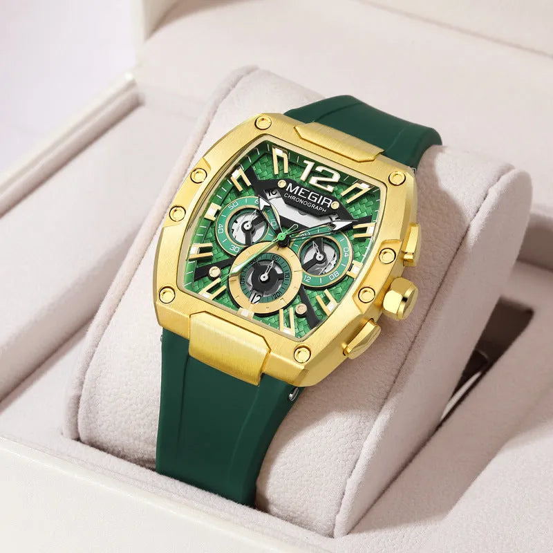 Wine Barrel men's multi-function sports watch with gold case and black strap, 44mm dial